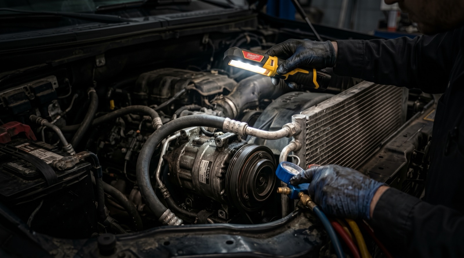 AC condenser and compressor components inspected during car AC service