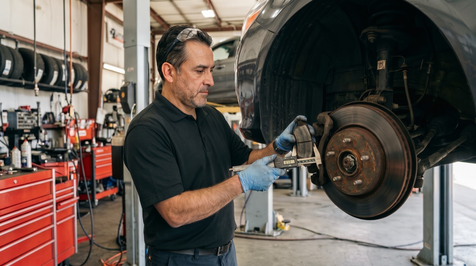 Brake pad and rotor inspection during a professional brake service