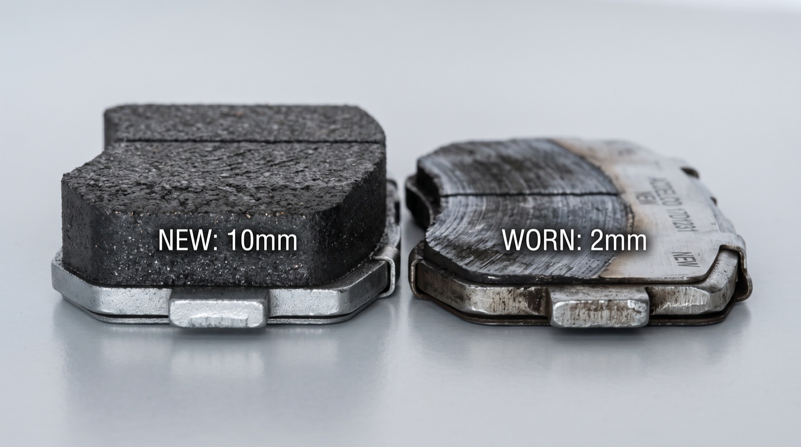 Close-up of a worn brake pad compared with a new one during brake service