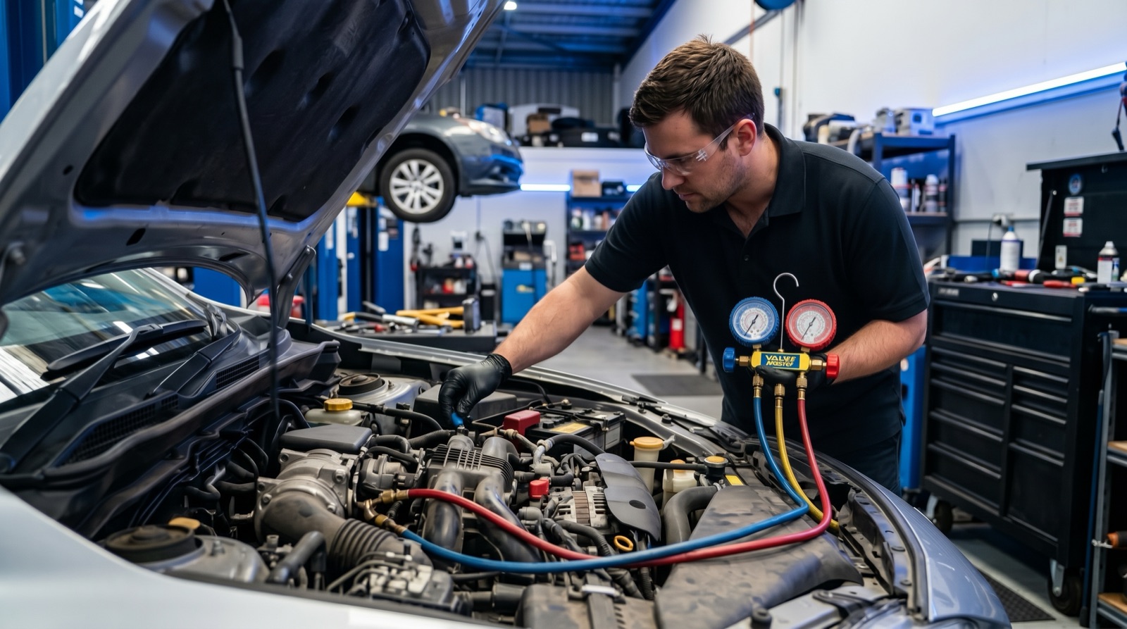 Technician servicing a car's air conditioning system at Auto Millennium Dubai