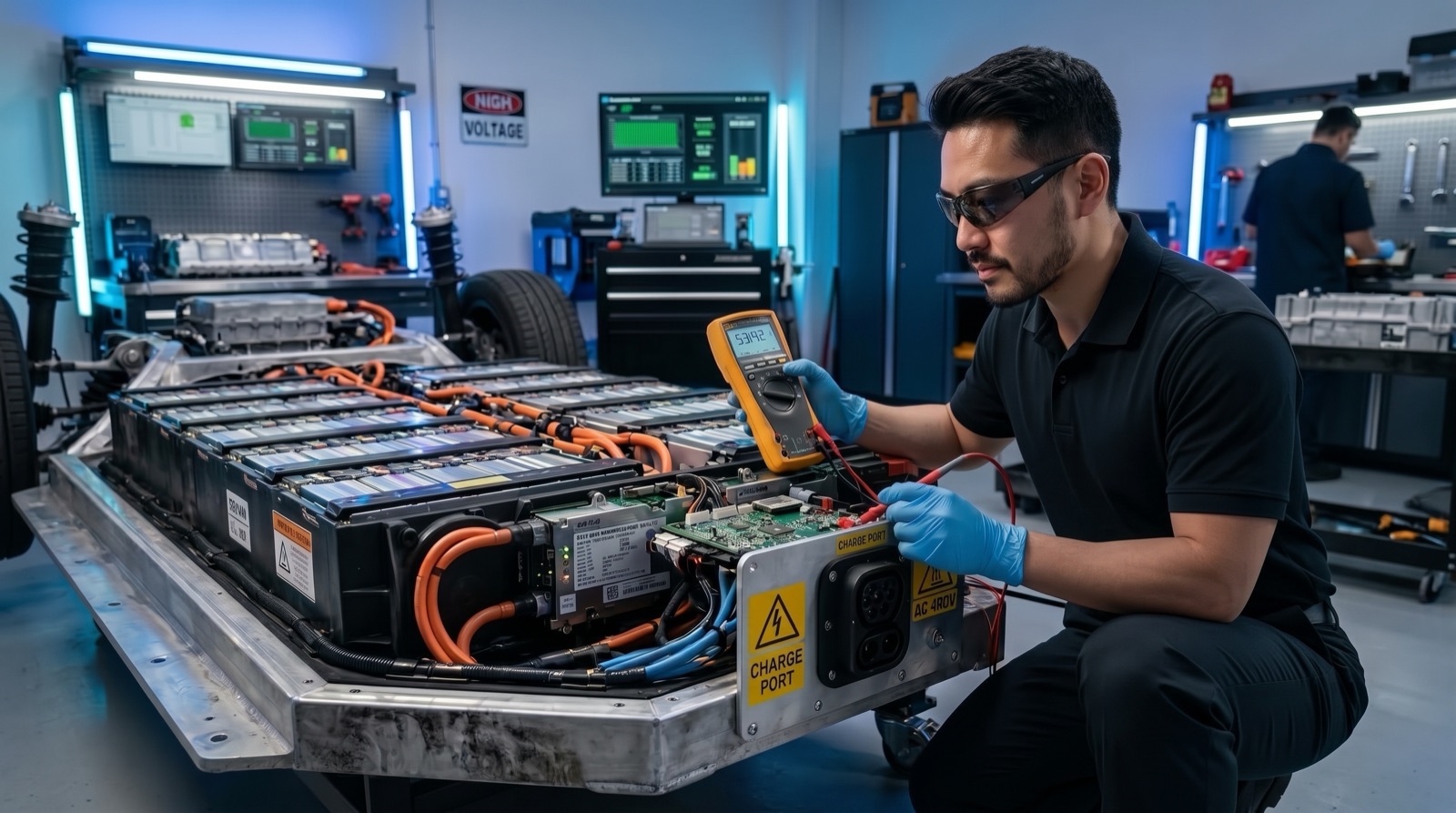 Electric vehicle battery pack and charging port during EV care