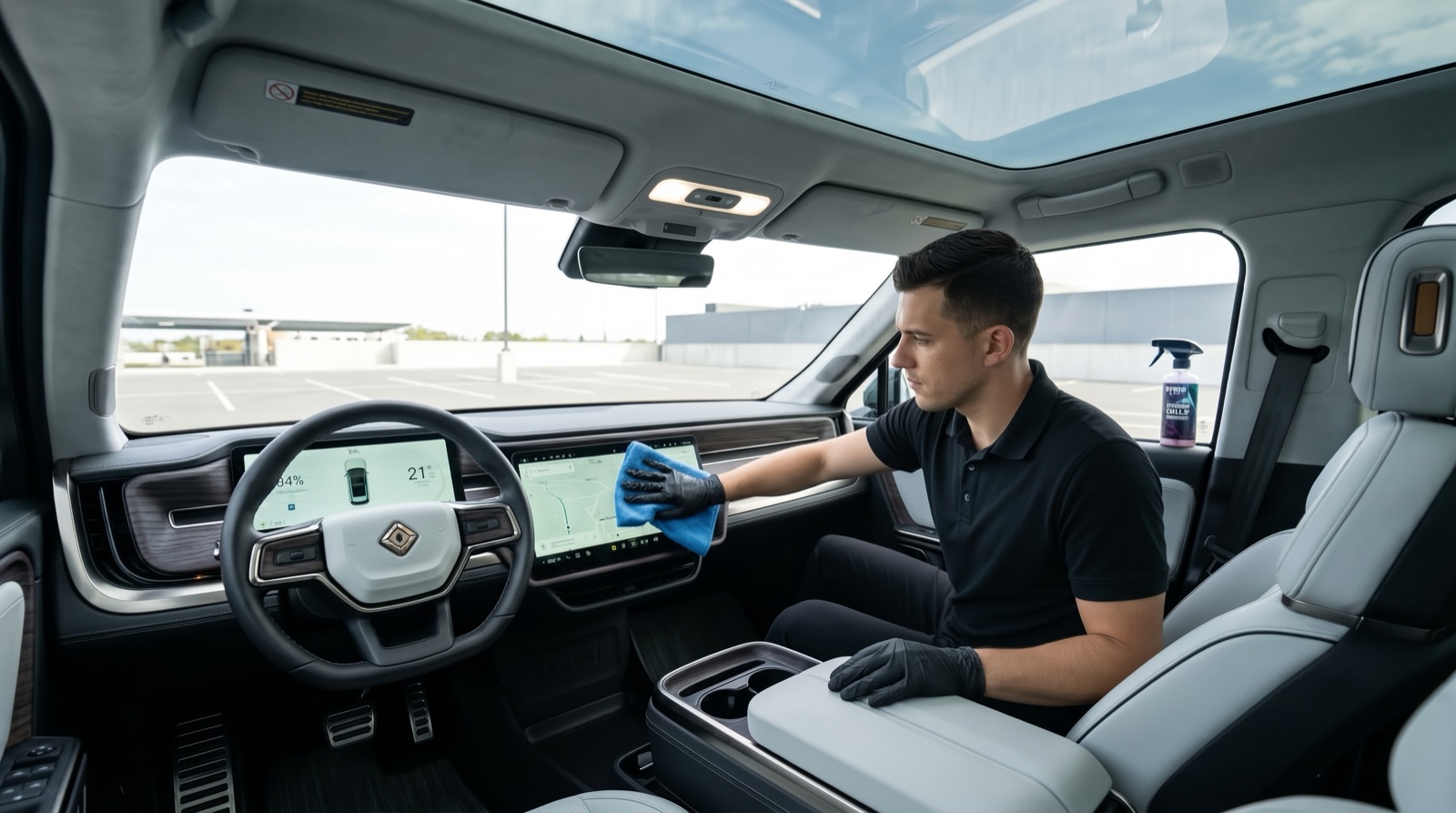 Electric vehicle interior with large touchscreen being detailed