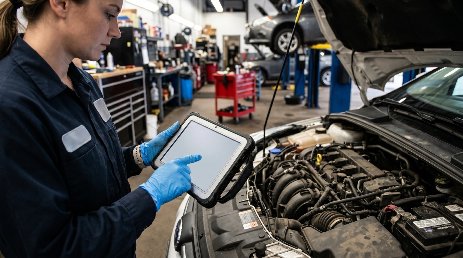 Technician performing a diagnostic inspection on a fleet vehicle at Auto Millennium
