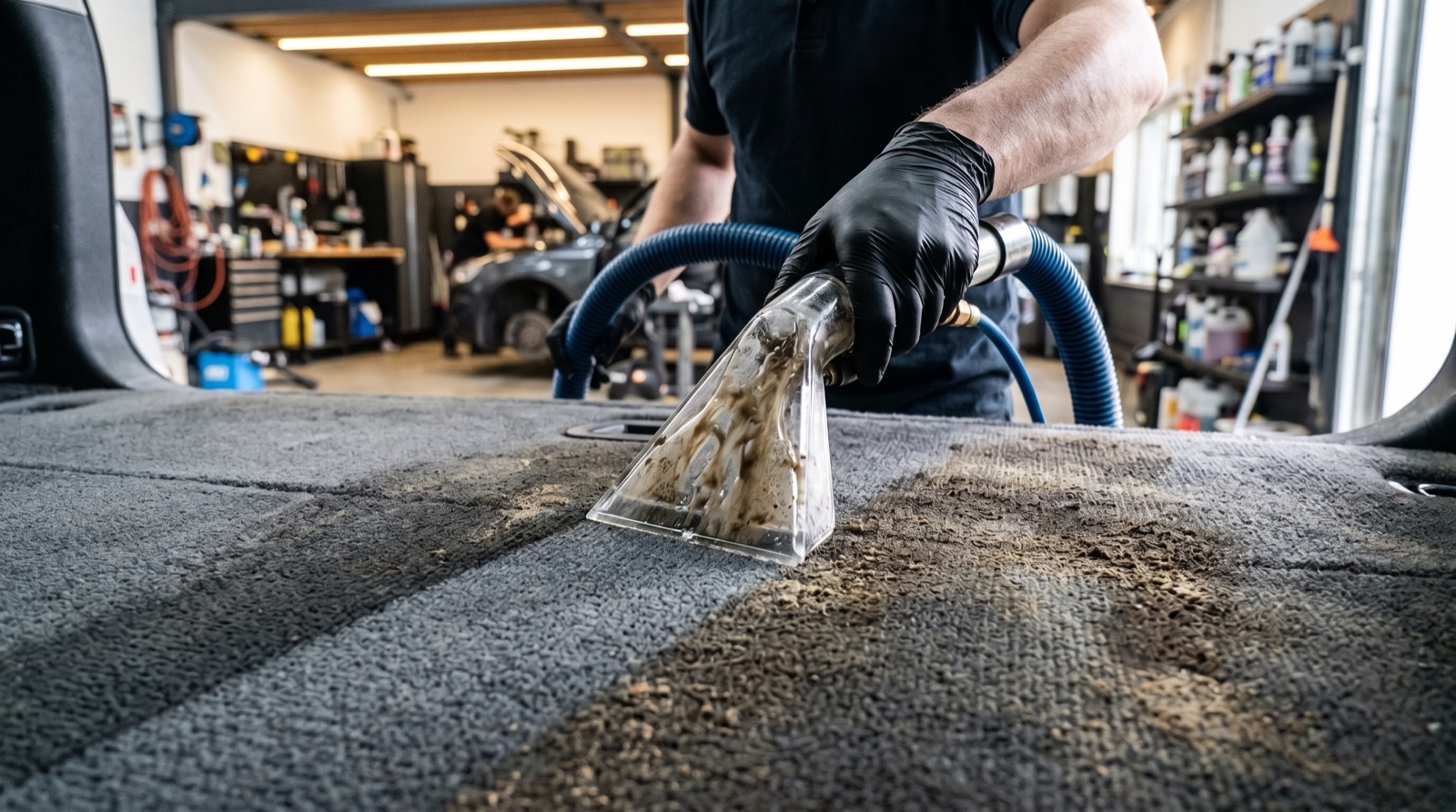 Detailer deep-cleaning car upholstery and carpets during interior detailing