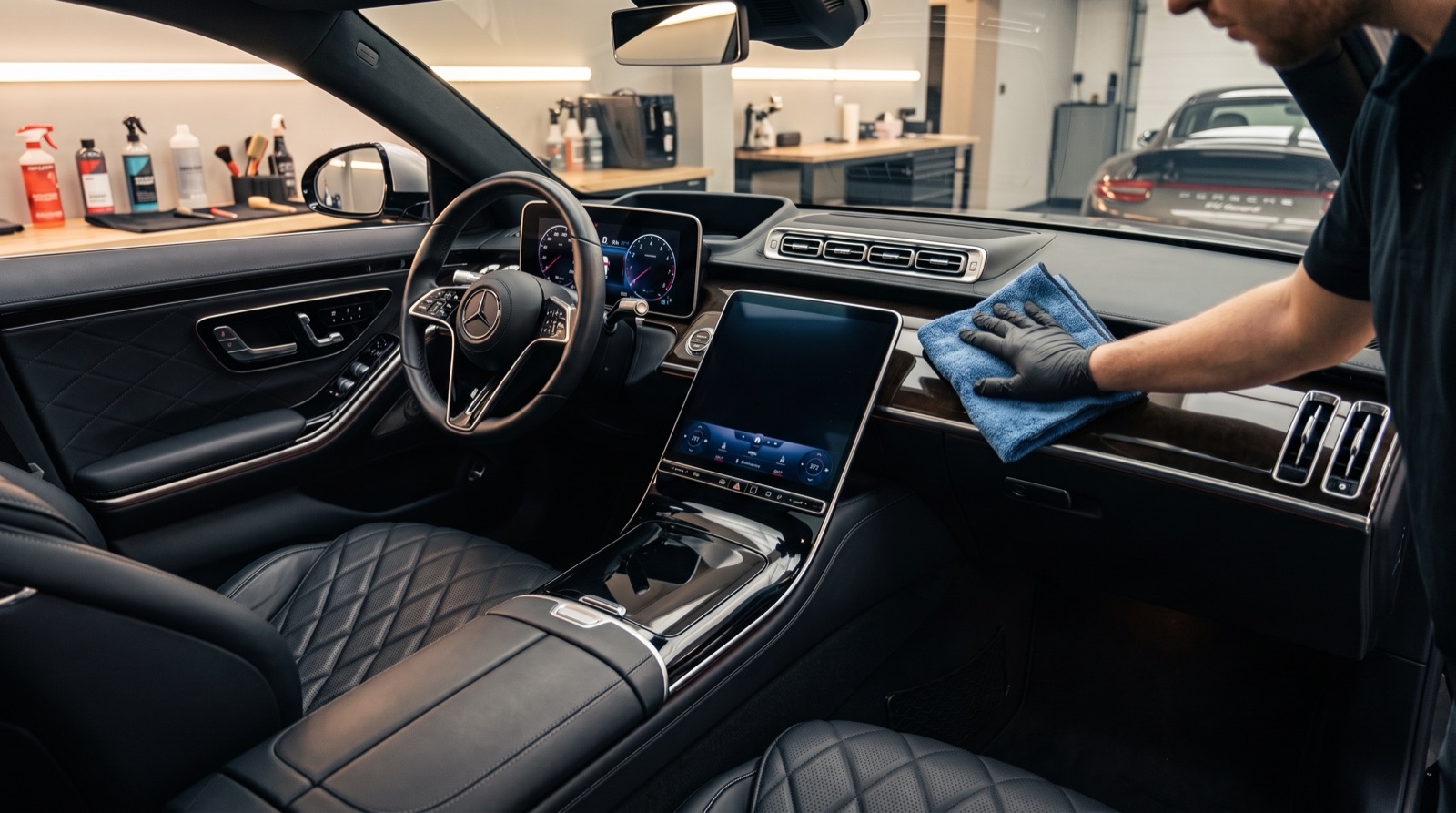 Technician performing interior detailing on a car cabin at Auto Millennium Dubai