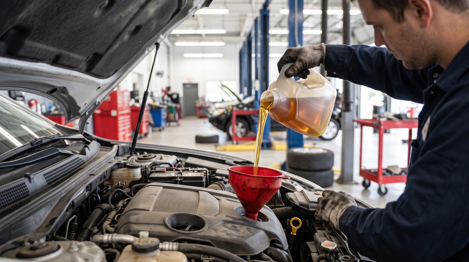 Technician performing an engine oil change at Mechanic Clinic Auto Millennium