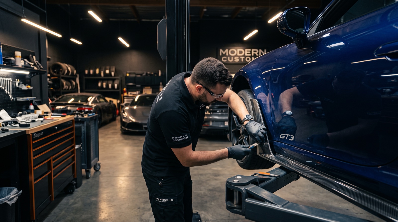 VTX technician performing a vehicle customization upgrade at Auto Millennium Dubai