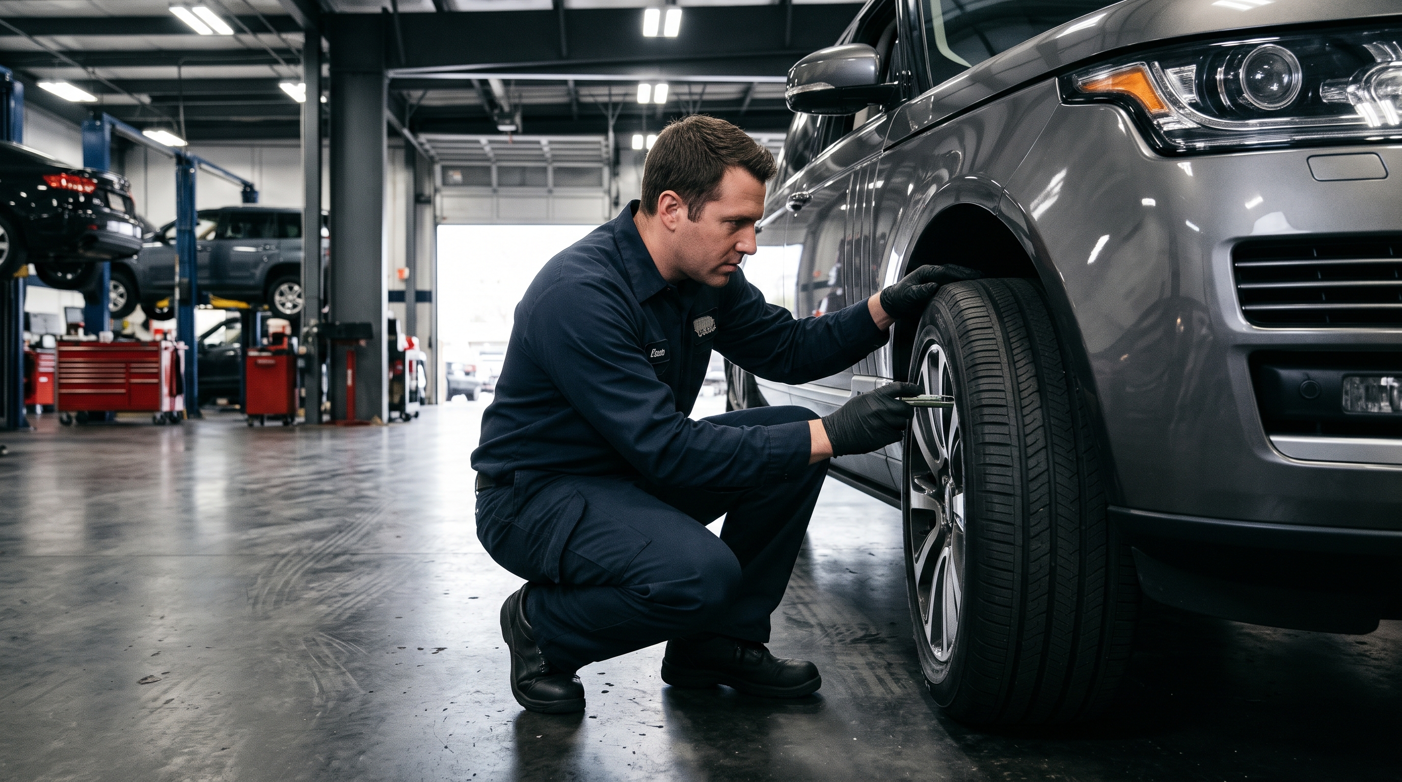 Technician inspecting tire tread and wheel alignment at Auto Millennium
