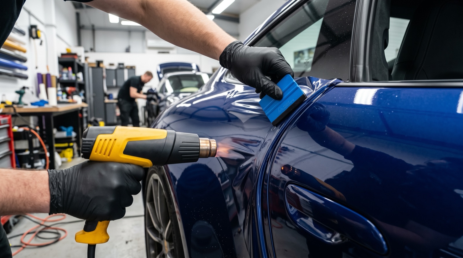 Close-up of vinyl wrap installation with heat gun and squeegee on a car panel